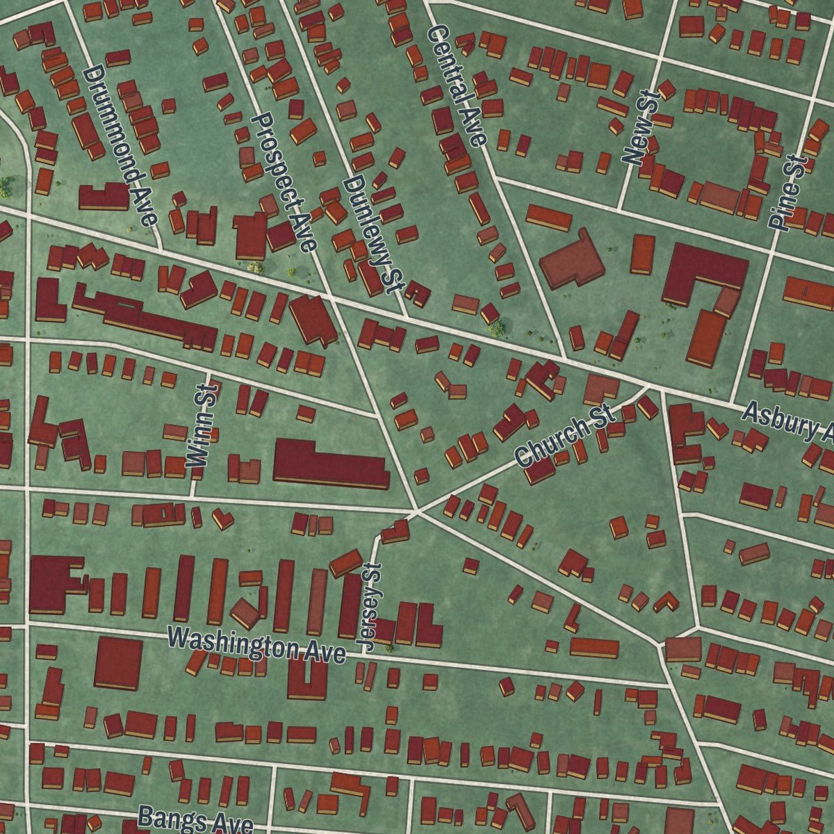 Close-up of the map of Asbury Park, New Jersey print showing street and building detail