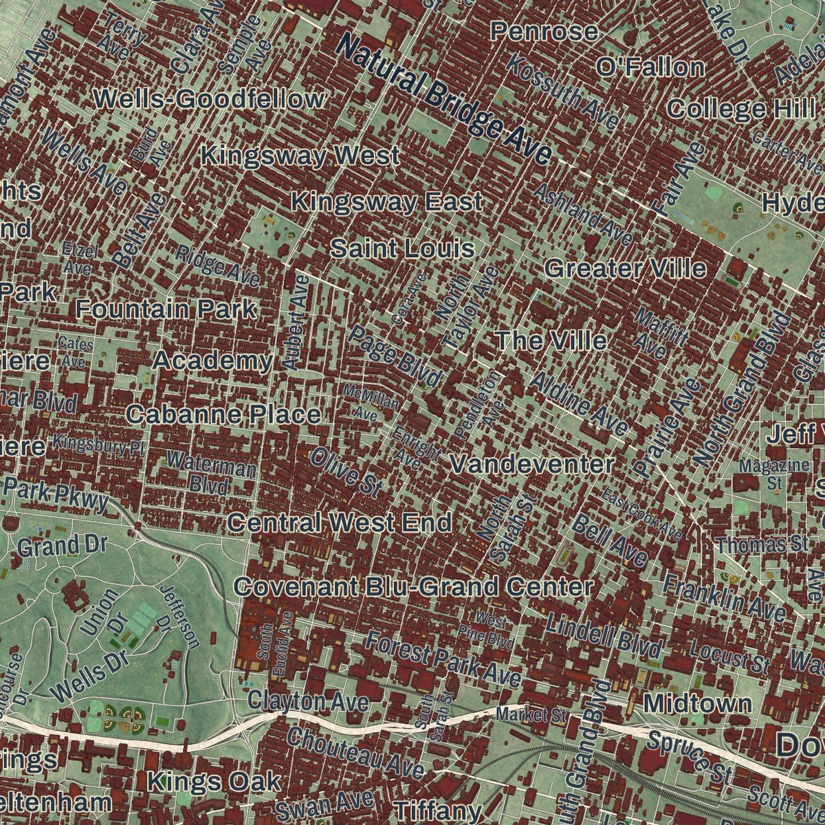 Close-up of the map of St. Louis, Missouri print showing street and building detail