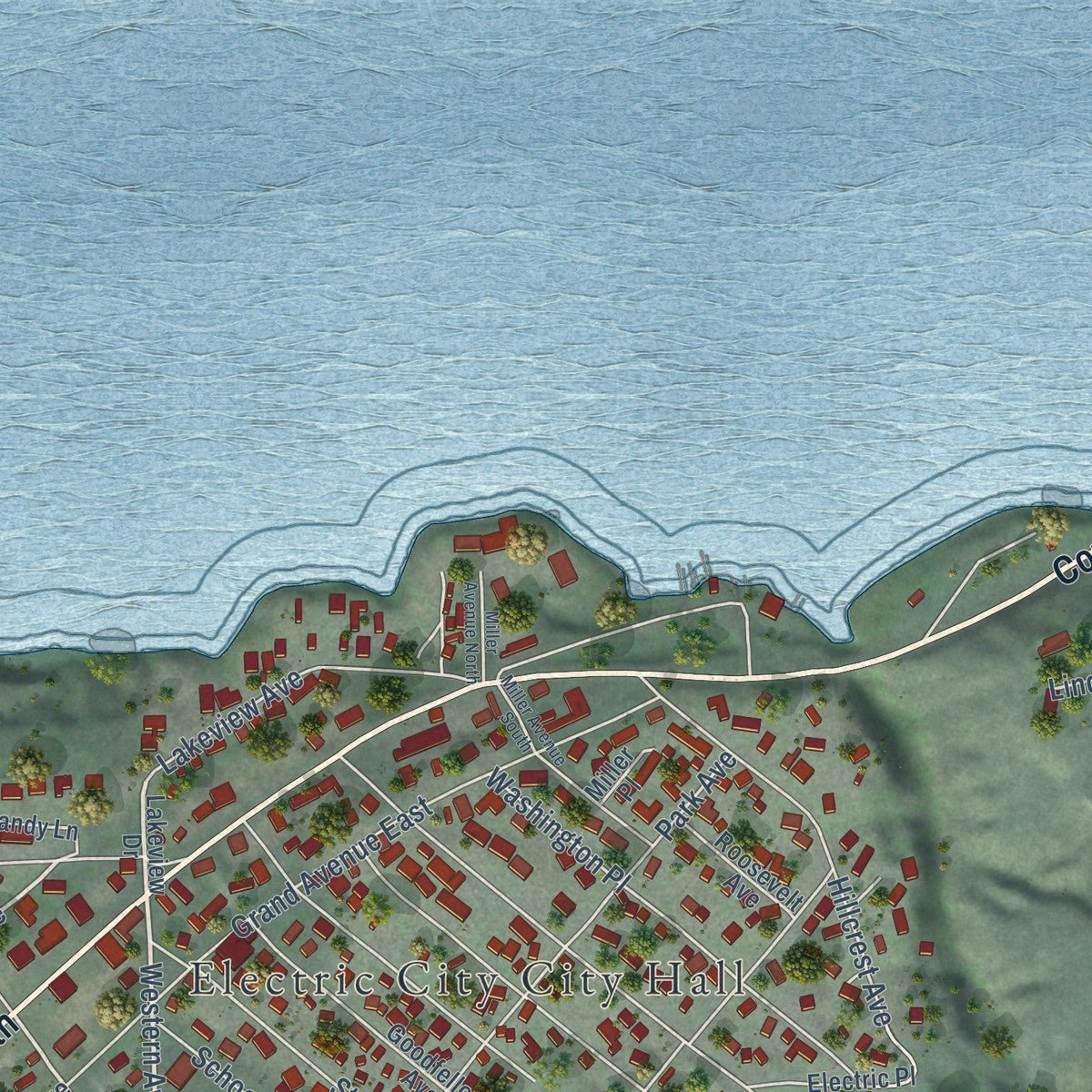 Close-up of the map of Electric City, Washington print showing street and building detail
