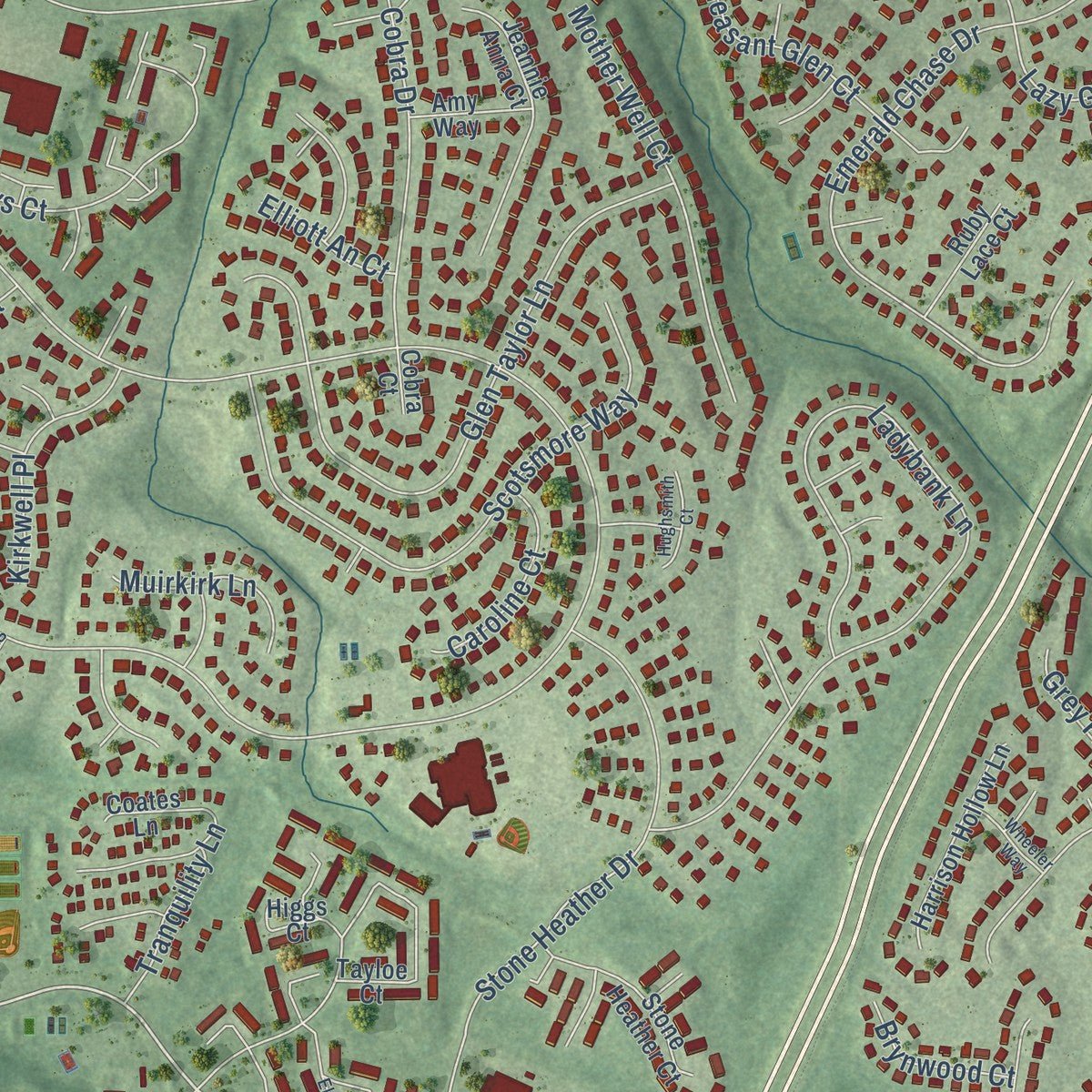 Close-up of the map of Franklin Farm, Virginia print showing street and building detail