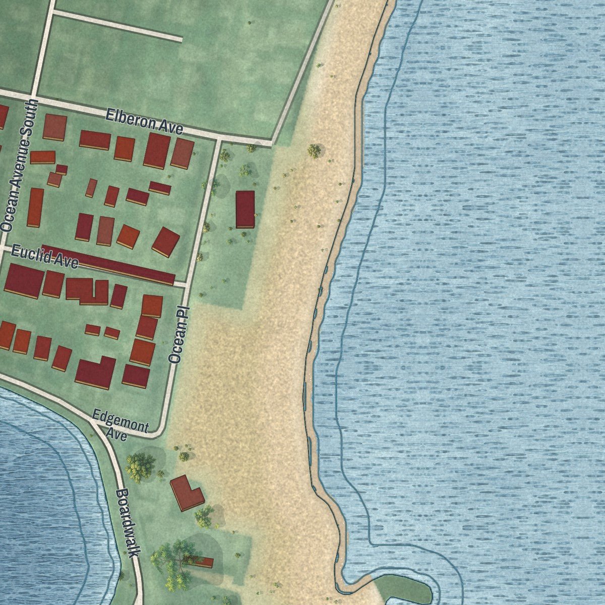 Close-up of the map of Loch Arbour, New Jersey print showing street and building detail