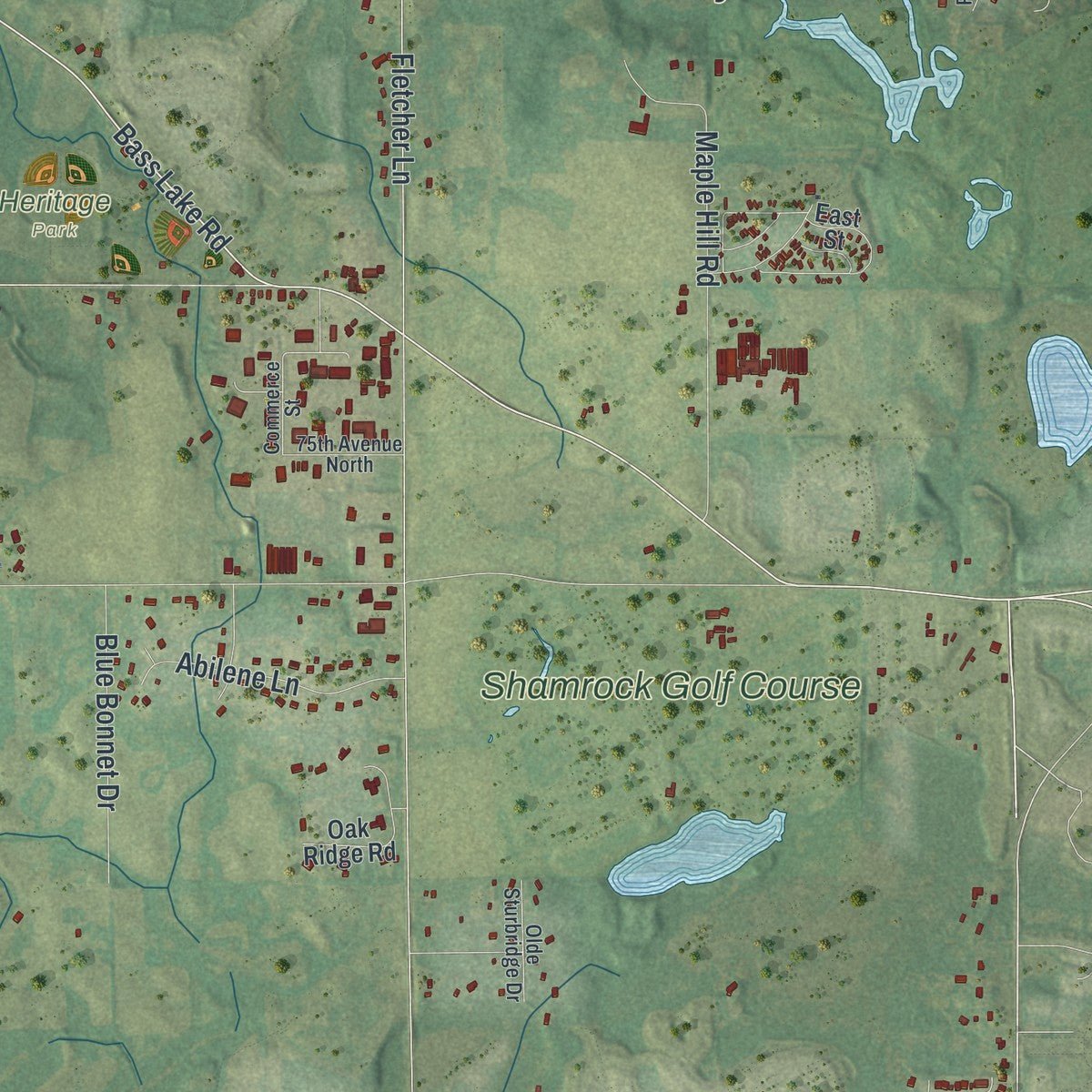 Close-up of the map of Corcoran, Minnesota print showing street and building detail