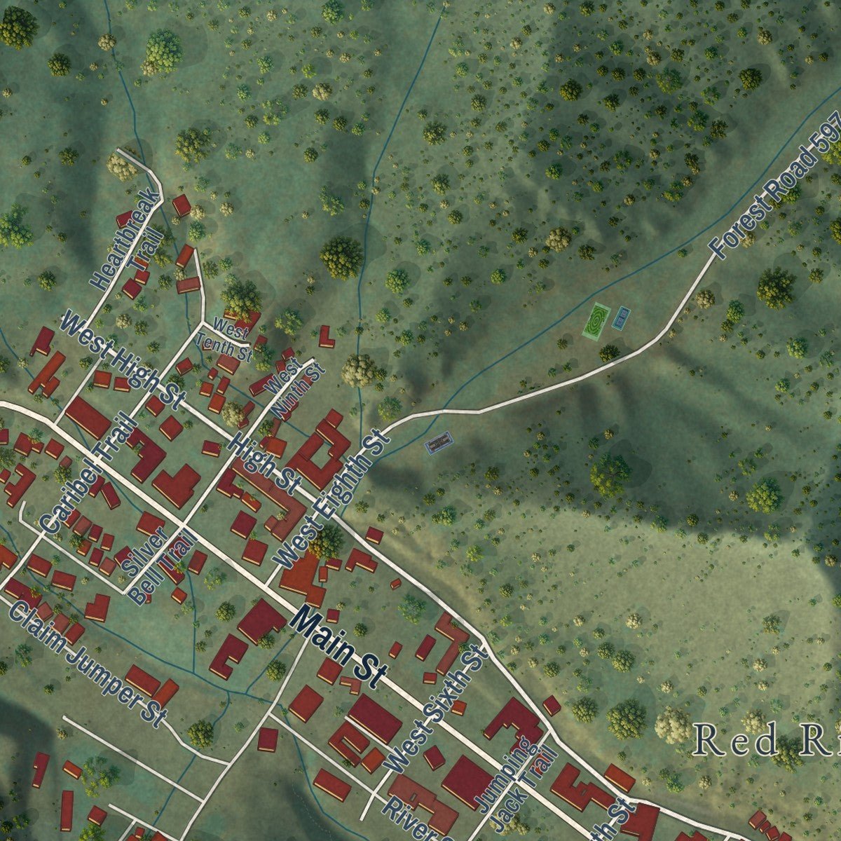 Close-up of the map of Red River, New Mexico print showing street and building detail