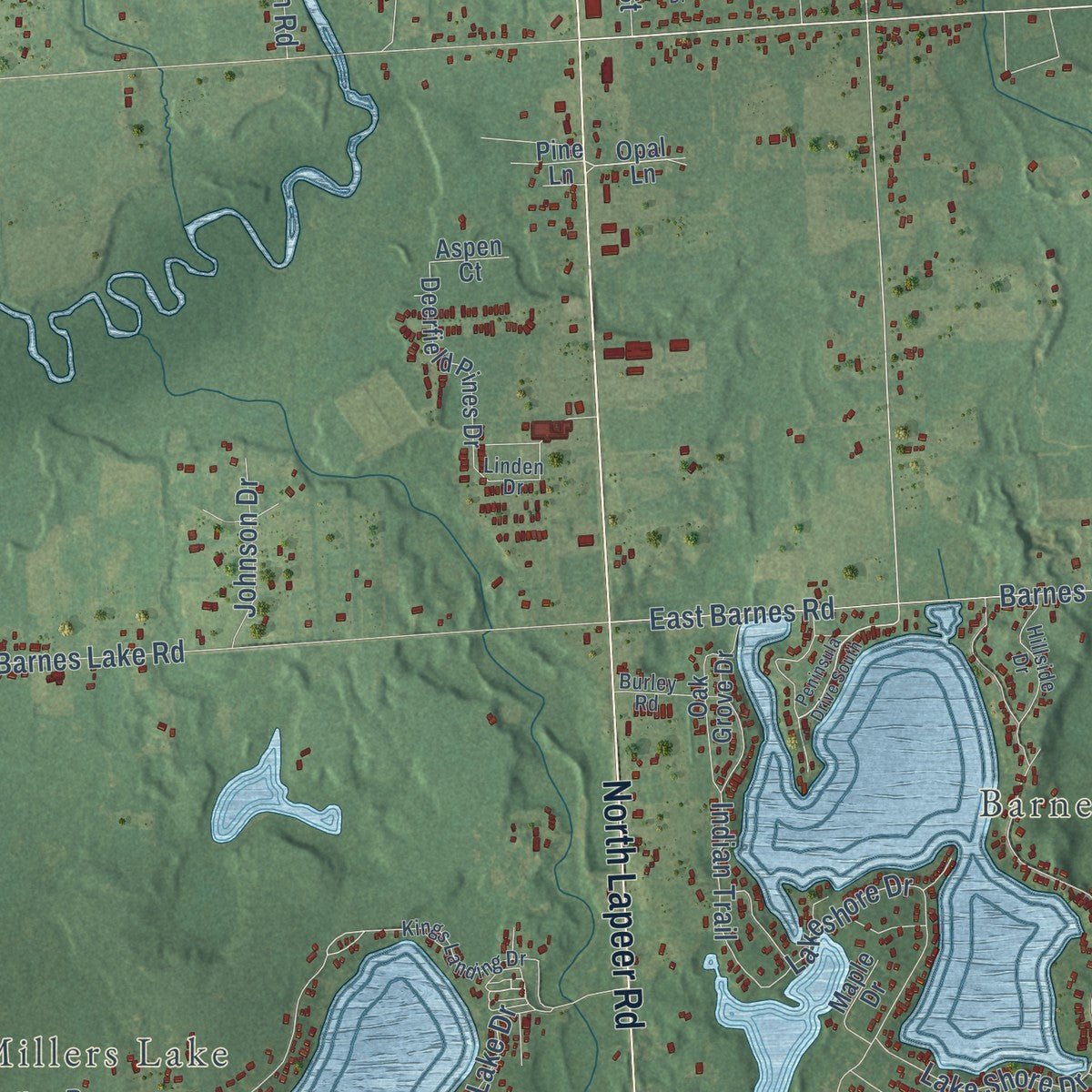 Close-up of the map of Deerfield, Lapeer County, Michigan print showing street and building detail