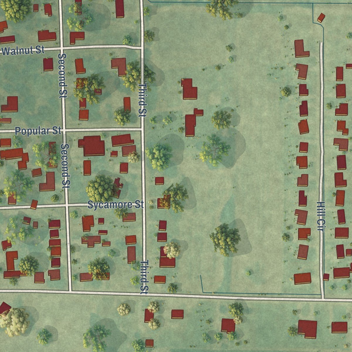 Close-up of the map of Renova, Mississippi print showing street and building detail