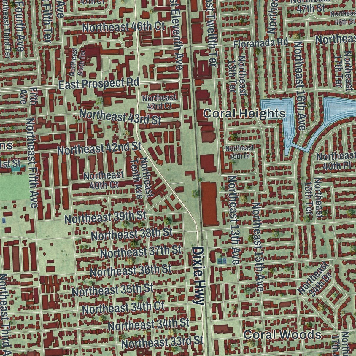 Close-up of the map of Oakland Park, Florida print showing street and building detail
