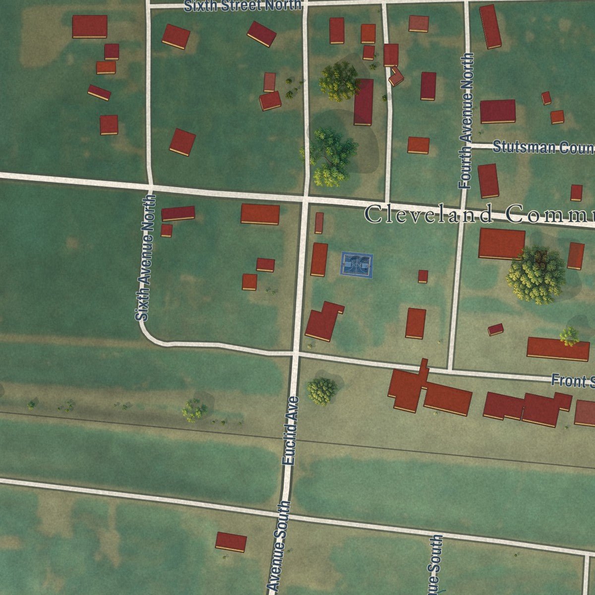 Close-up of the map of Cleveland, North Dakota print showing street and building detail