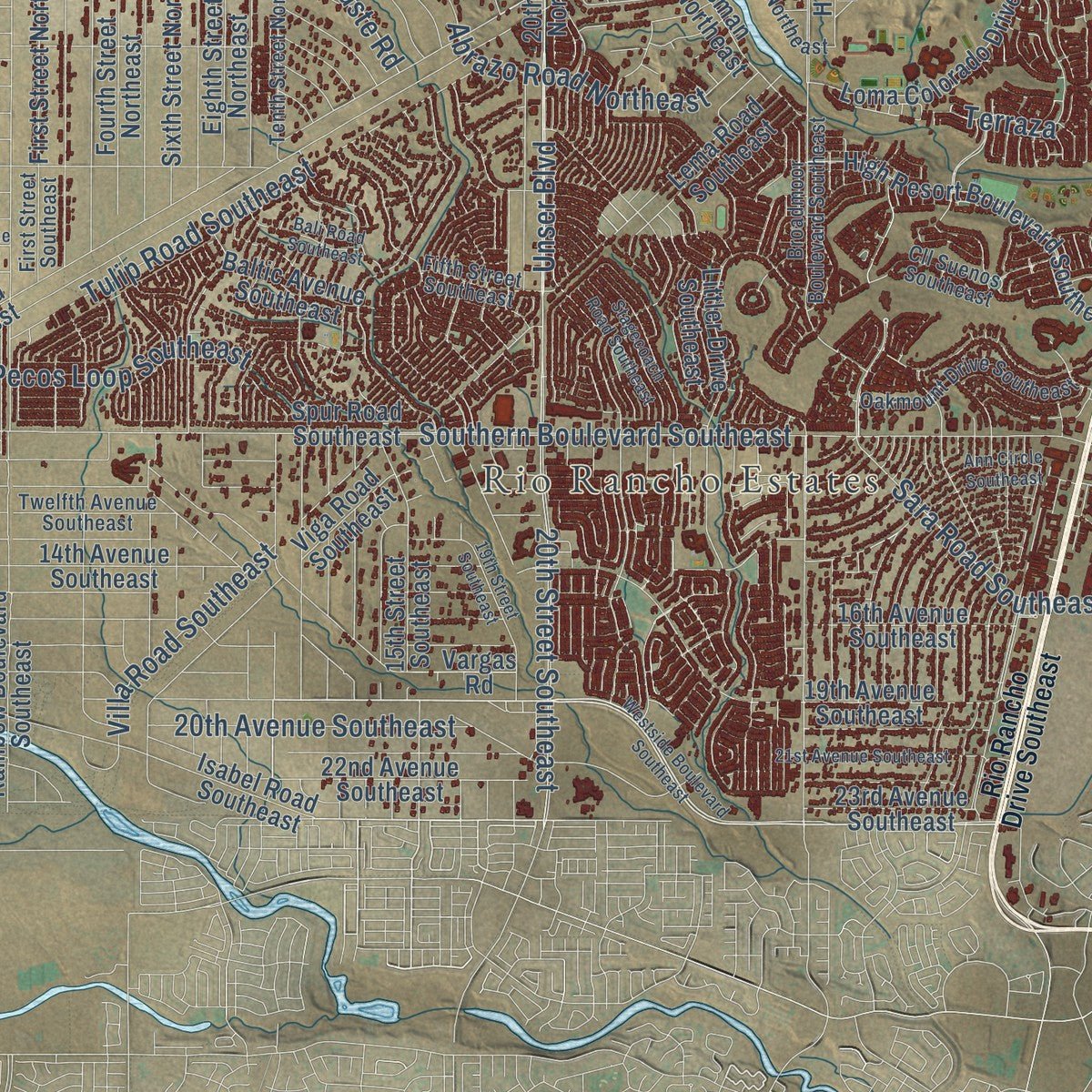 Close-up of the map of Rio Rancho, New Mexico print showing street and building detail