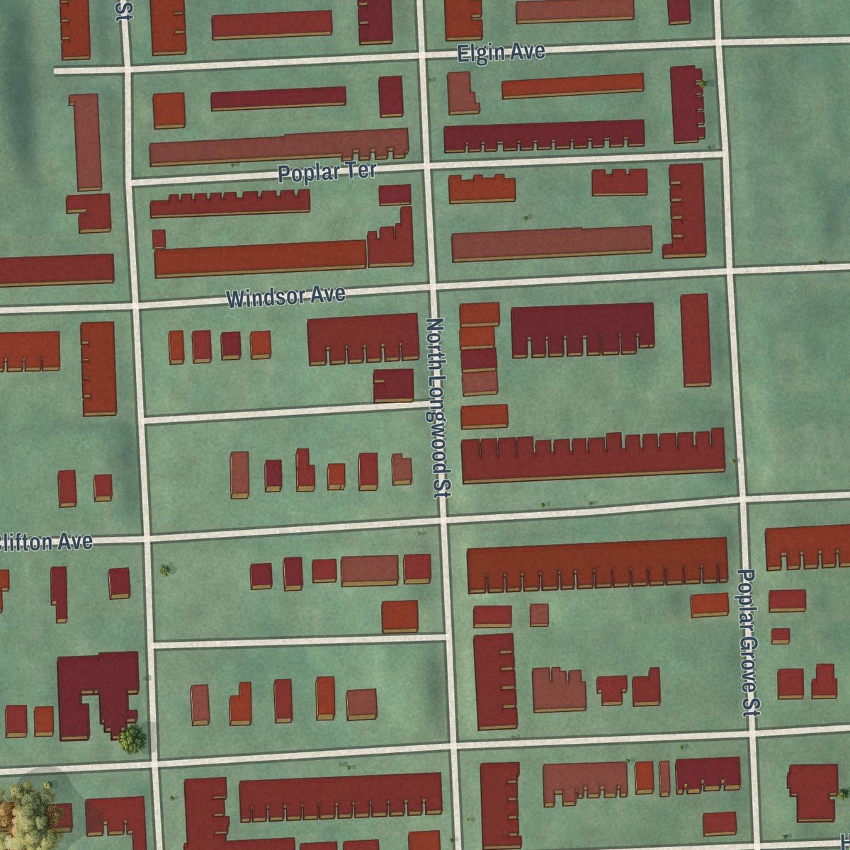 Close-up of the map of Walbrook, Maryland print showing street and building detail
