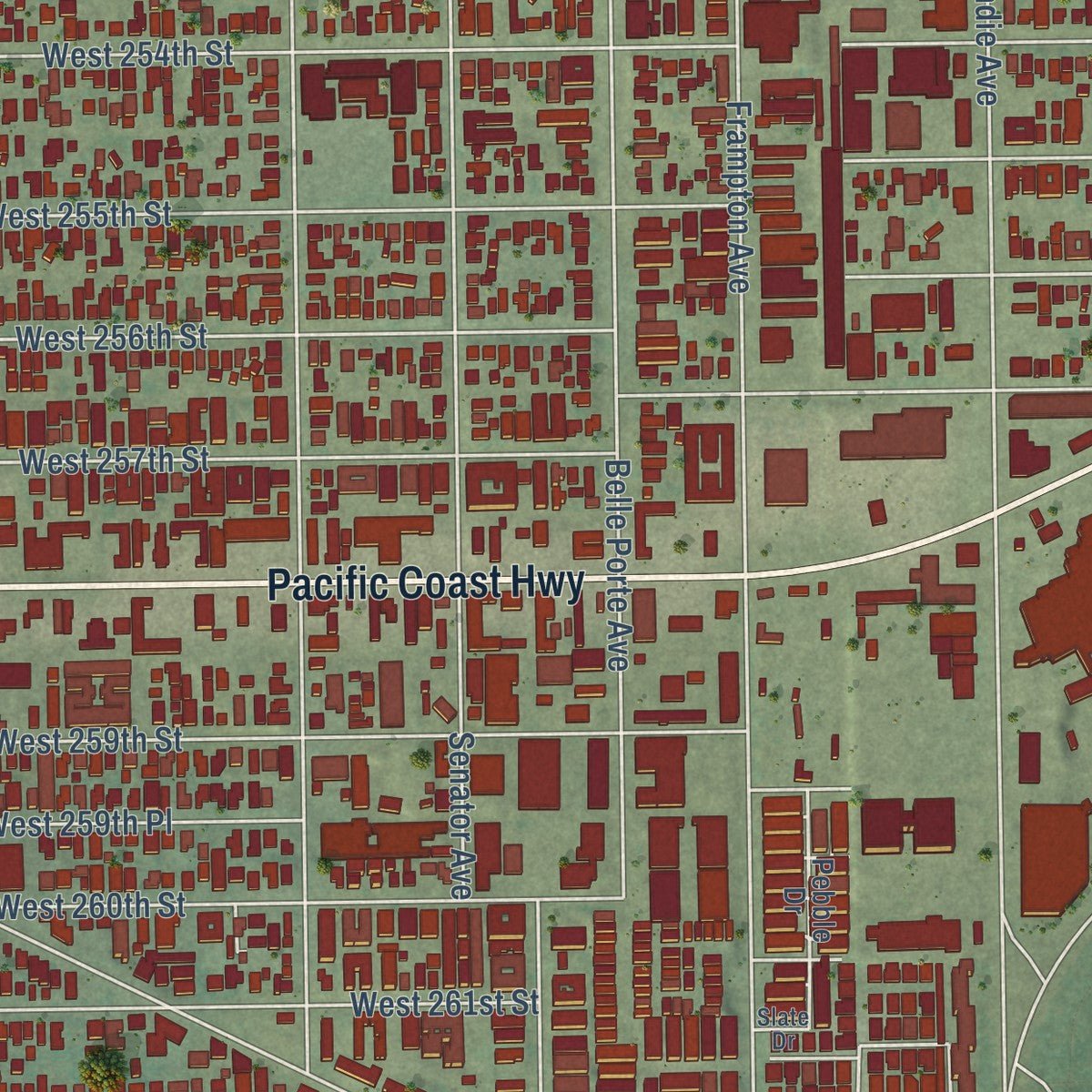 Close-up of the map of Harbor City, California print showing street and building detail