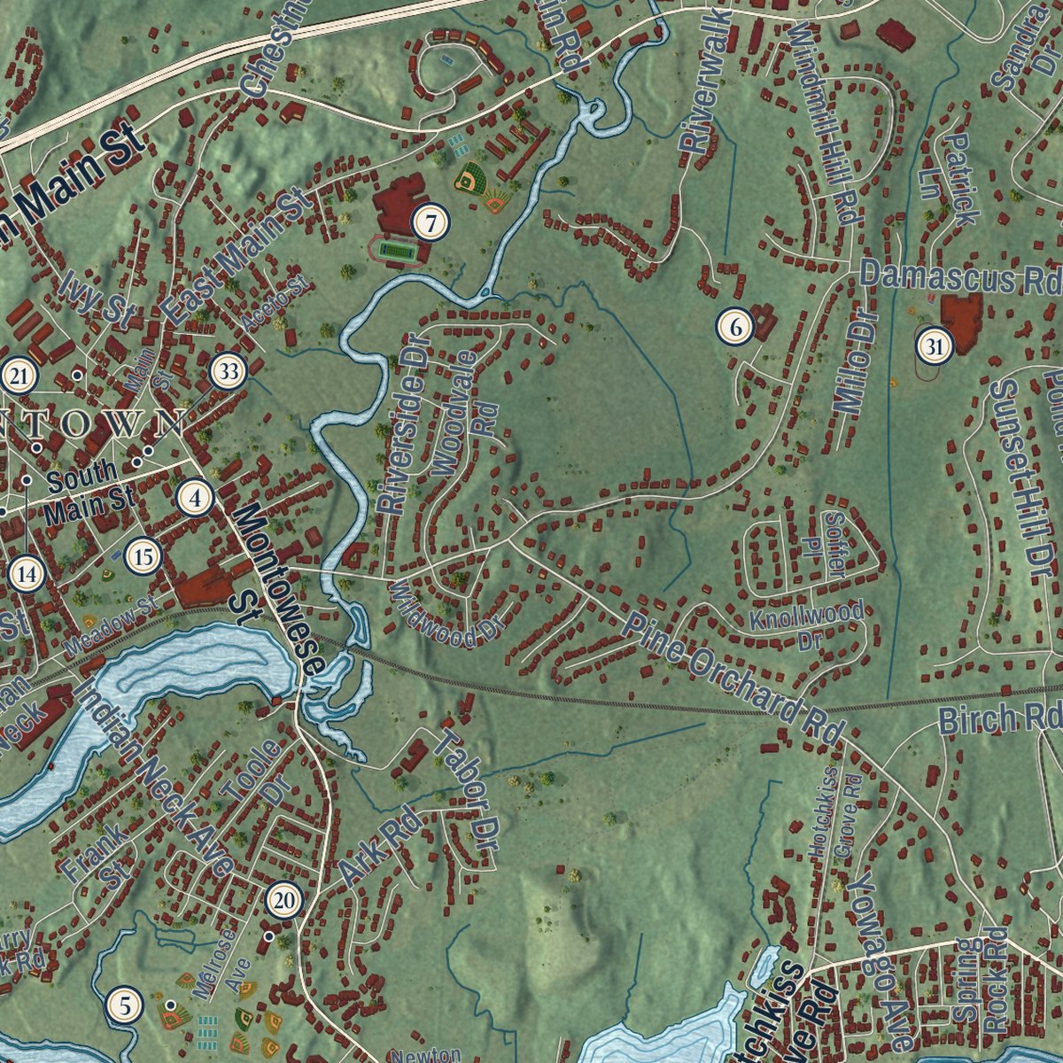 Close-up of the map of Branford, Connecticut print showing street and building detail