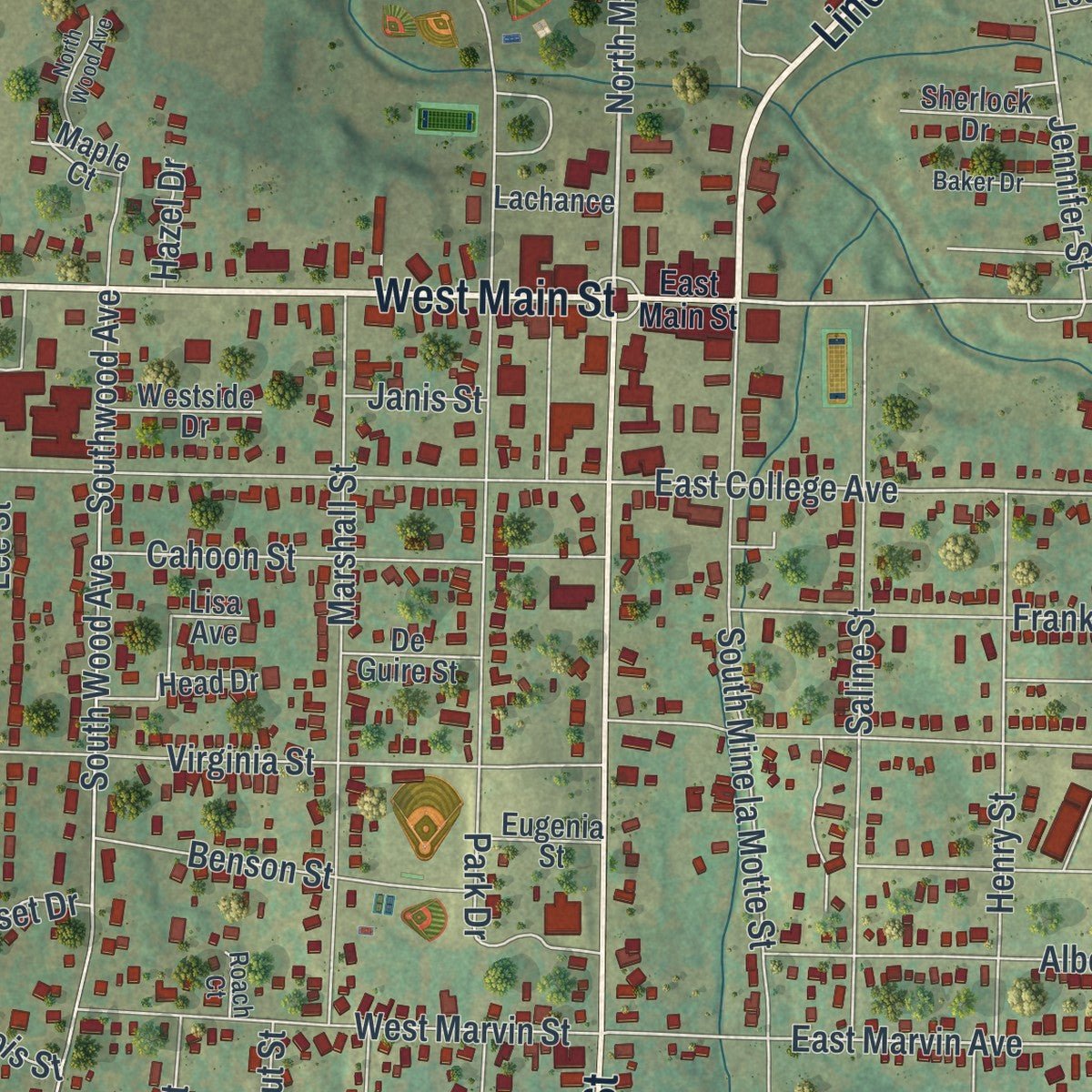 Close-up of the map of Fredericktown, Missouri print showing street and building detail