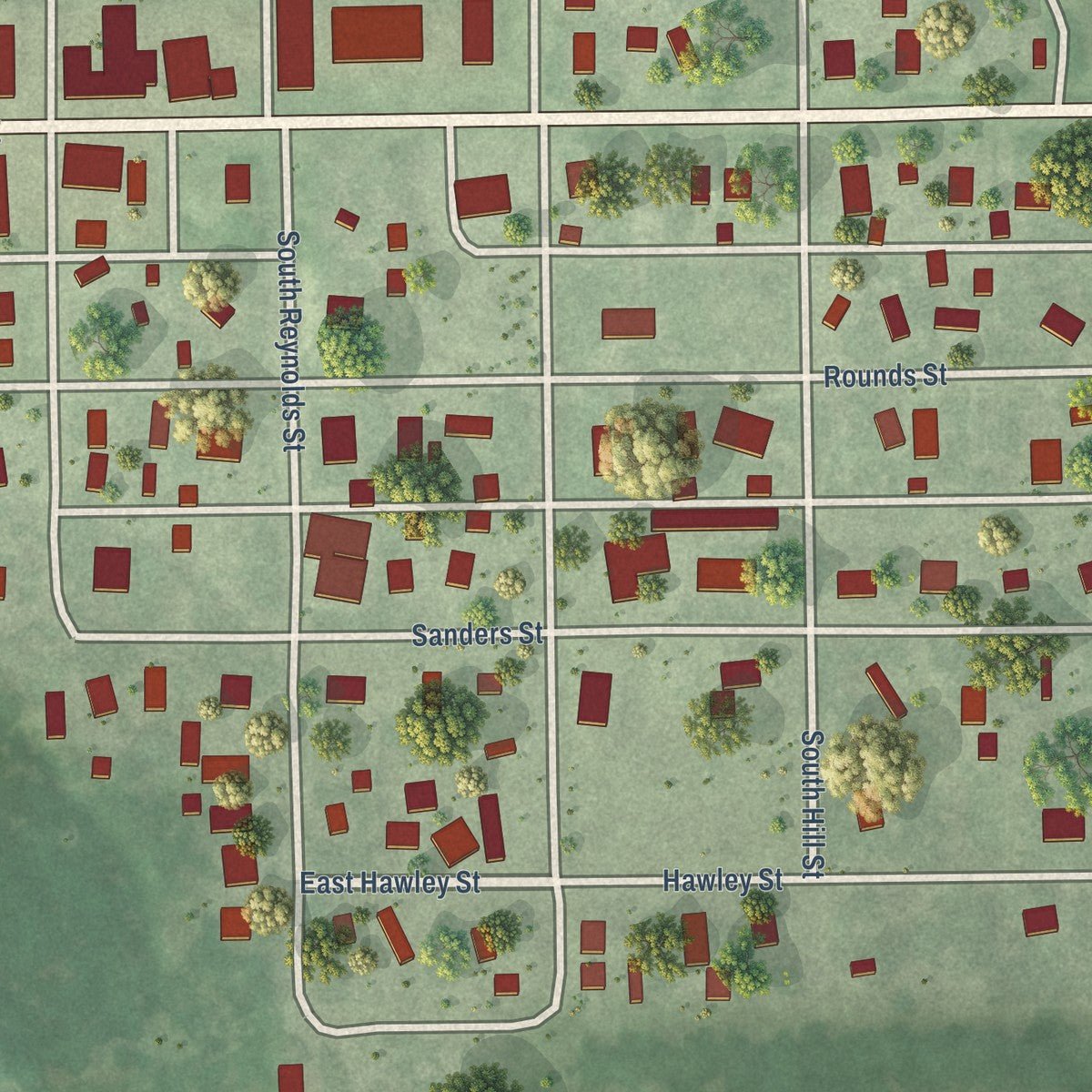 Close-up of the map of Arcadia, Nebraska print showing street and building detail
