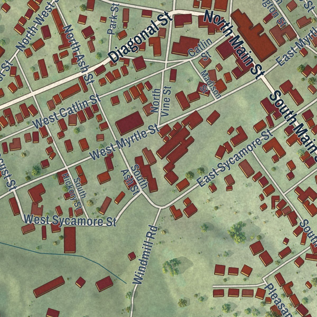 Close-up of the map of Elizabeth, Illinois print showing street and building detail