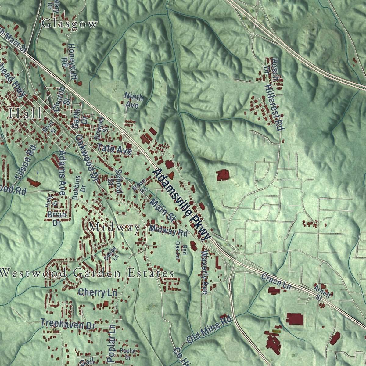 Close-up of the map of Adamsville, Alabama print showing street and building detail