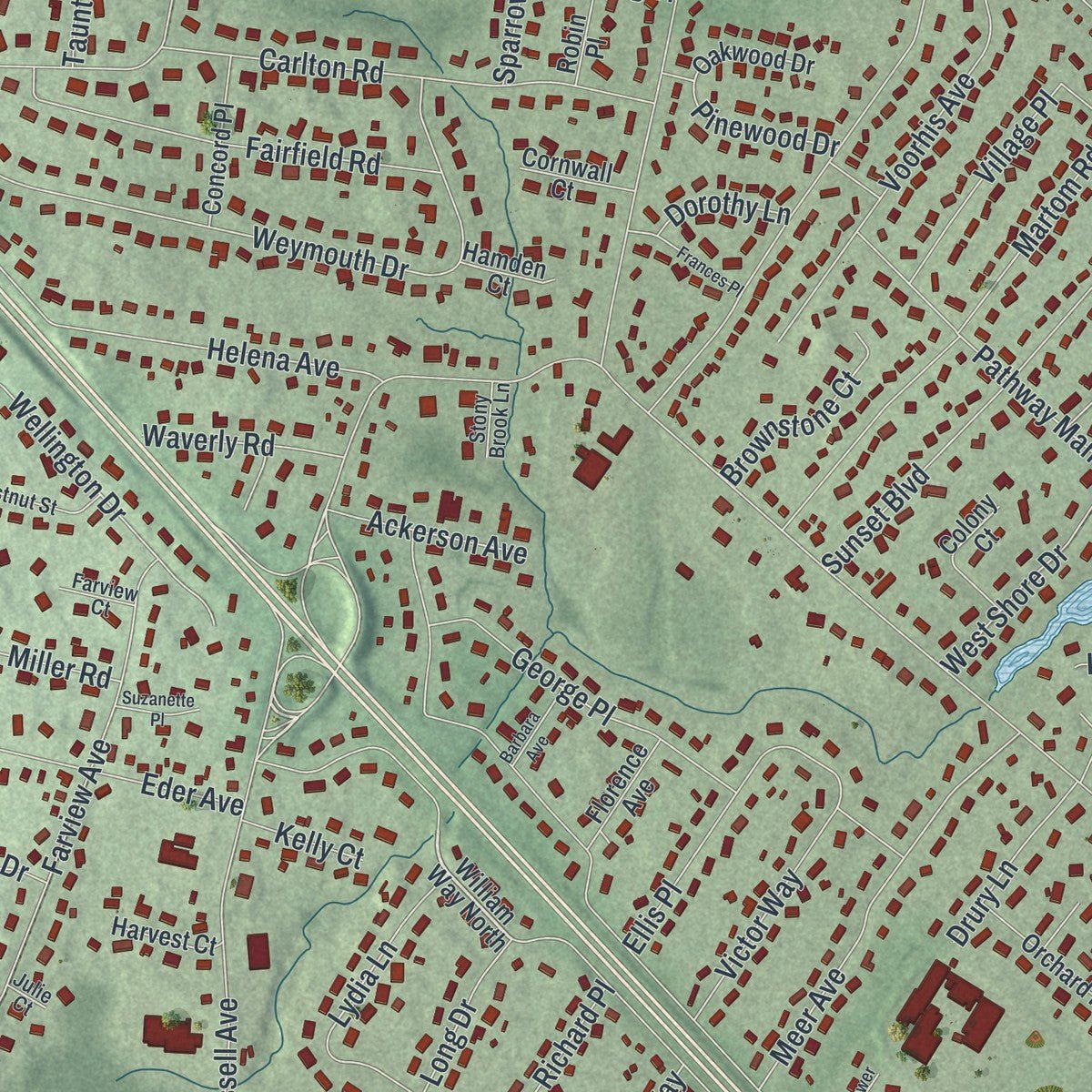 Close-up of the map of Wyckoff, New Jersey print showing street and building detail