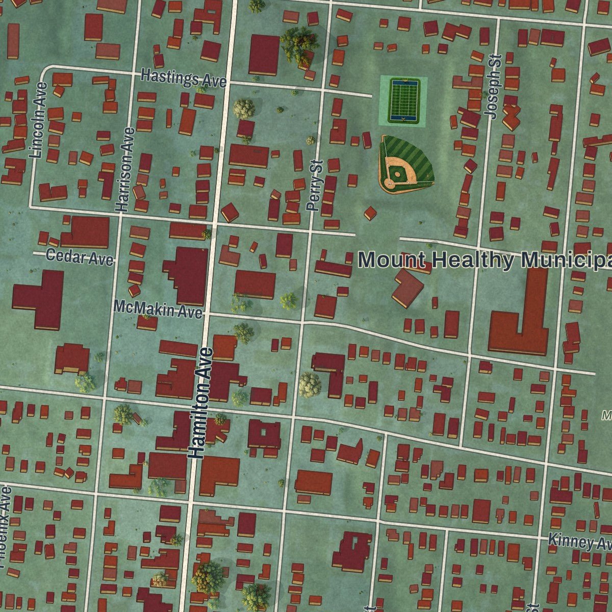 Close-up of the map of Mount Healthy, Ohio print showing street and building detail