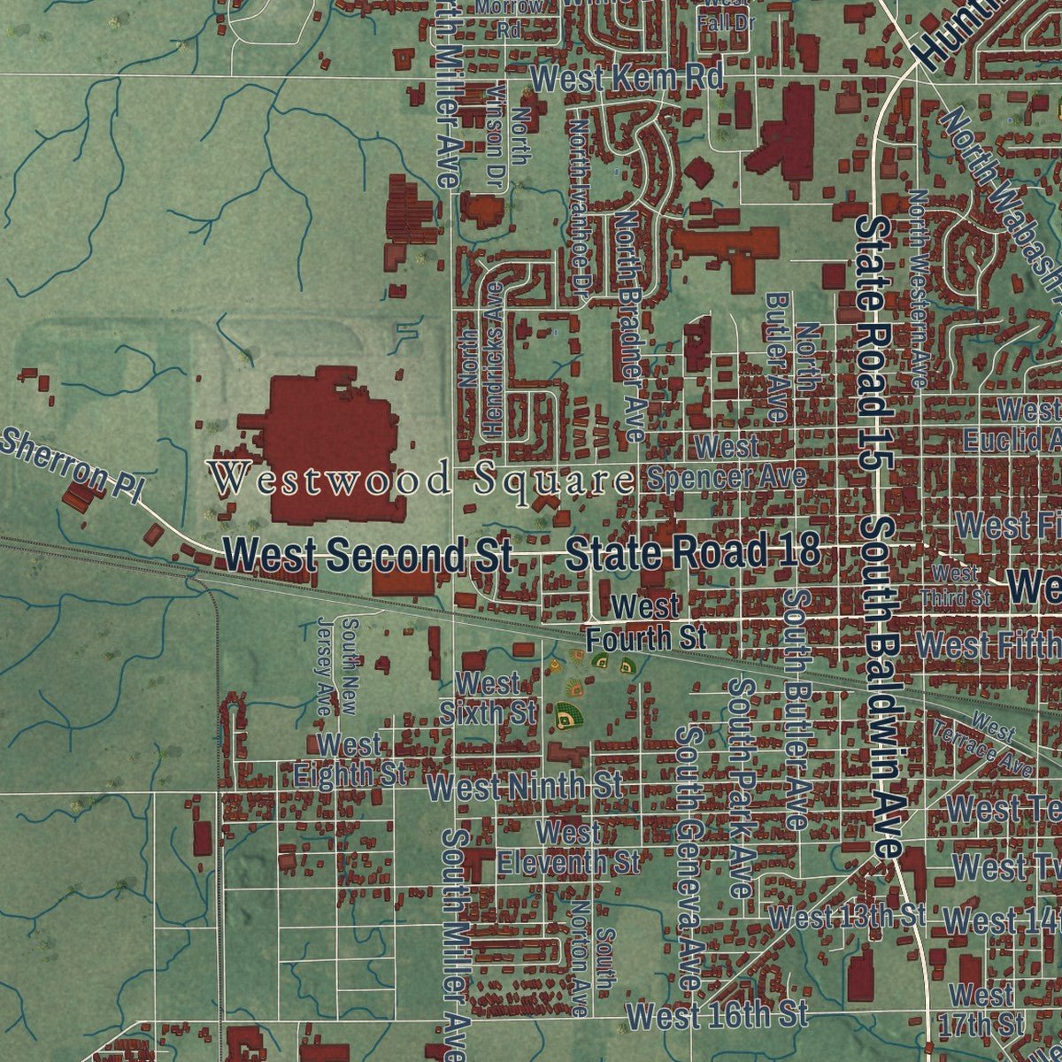 Close-up of the map of Marion, Indiana print showing street and building detail