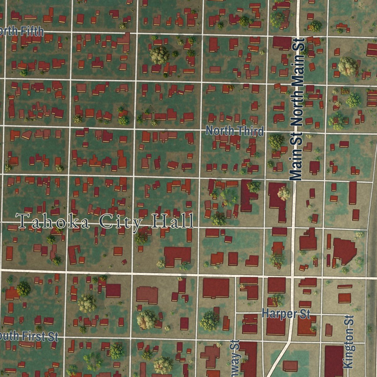 Close-up of the map of Tahoka, Texas print showing street and building detail