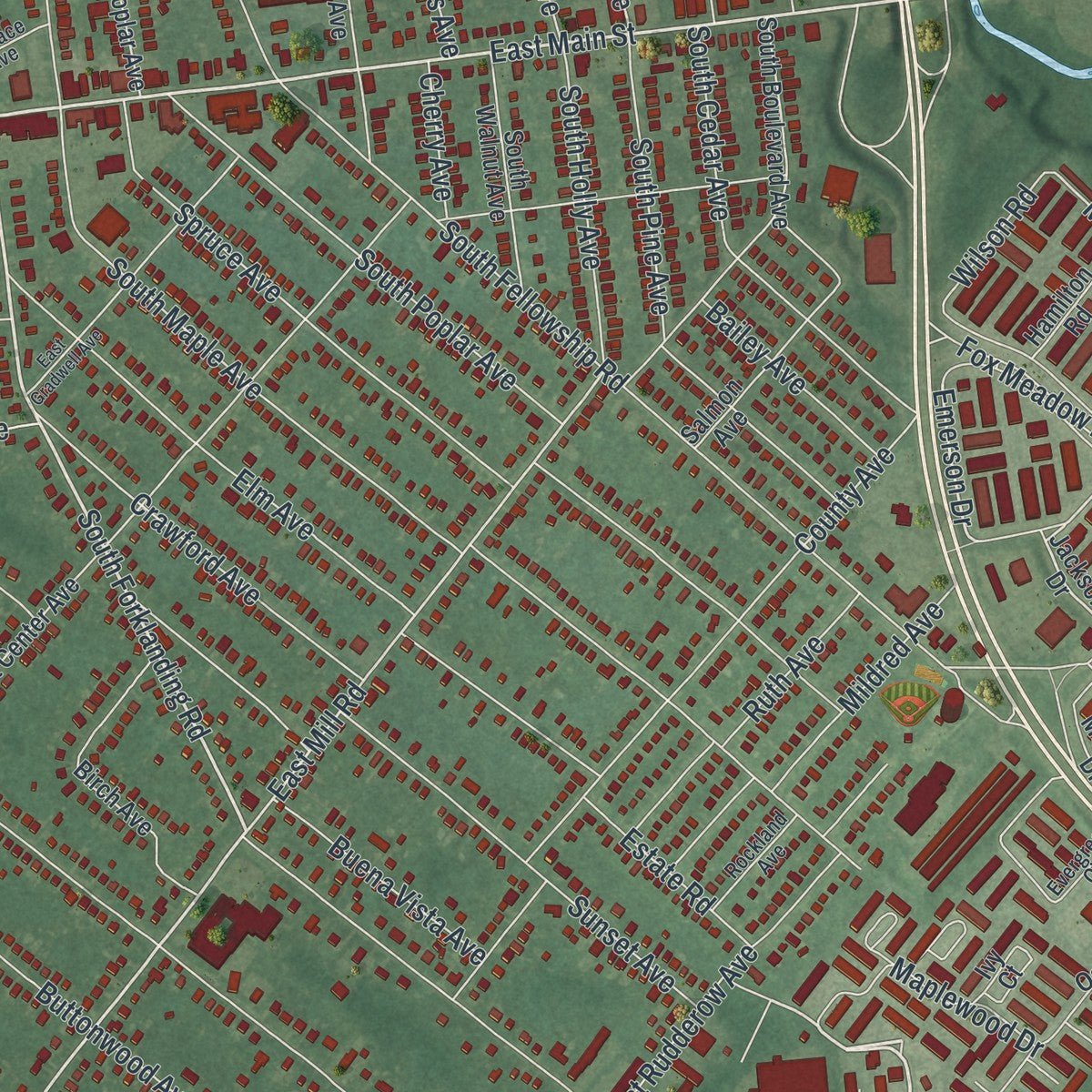 Close-up of the map of Maple Shade, New Jersey print showing street and building detail
