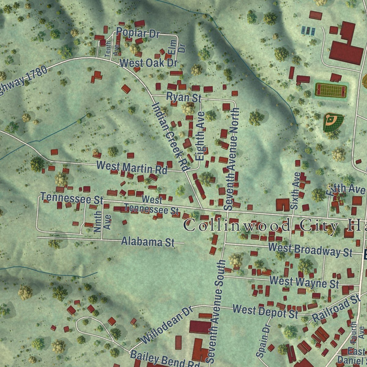 Close-up of the map of Collinwood, Tennessee print showing street and building detail