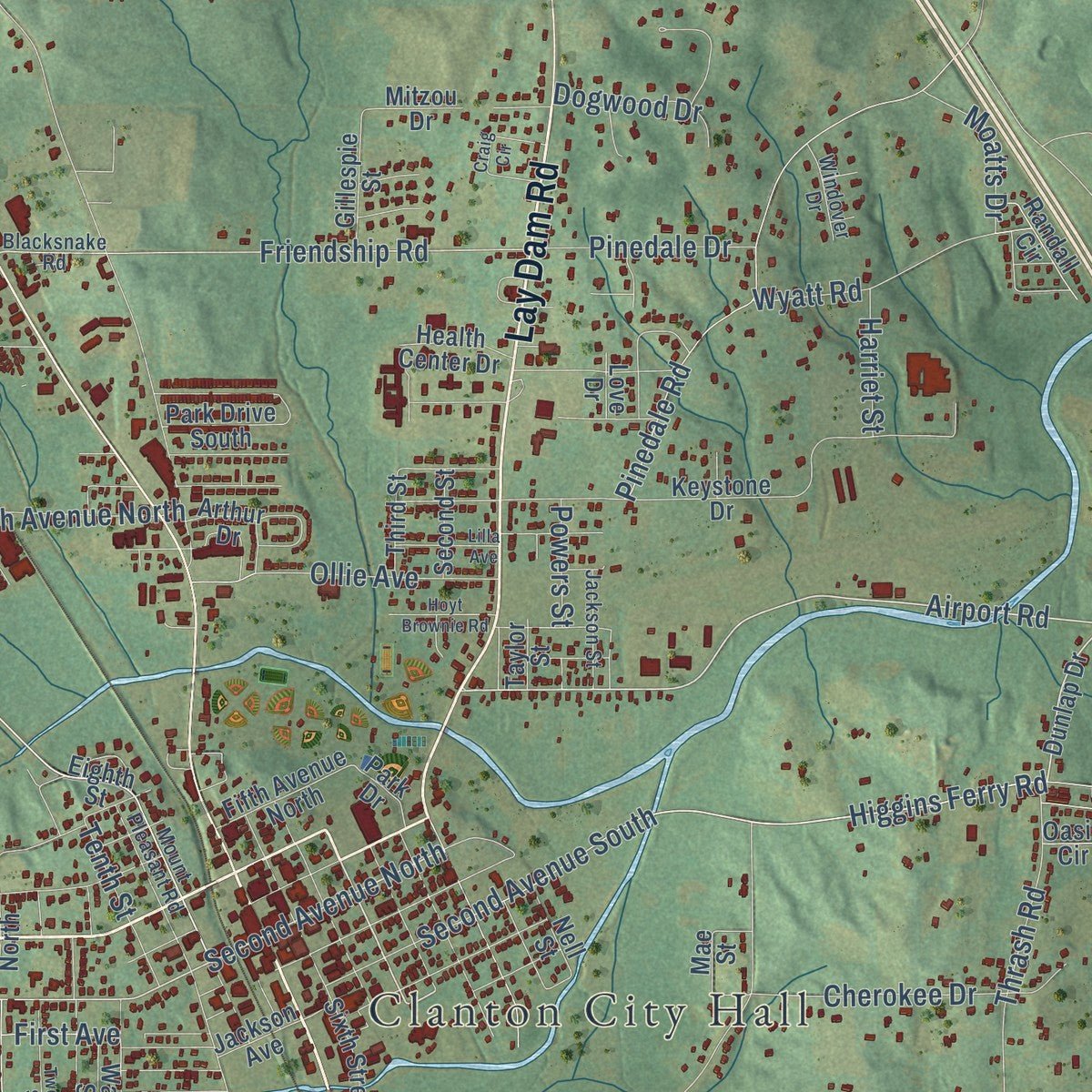 Close-up of the map of Clanton, Alabama print showing street and building detail
