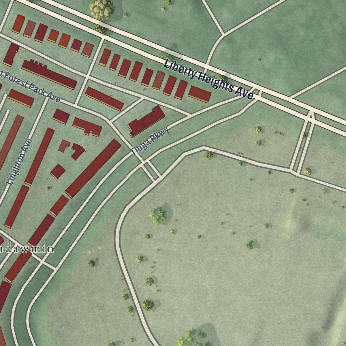Close-up of the map of Parkway, Maryland print showing street and building detail