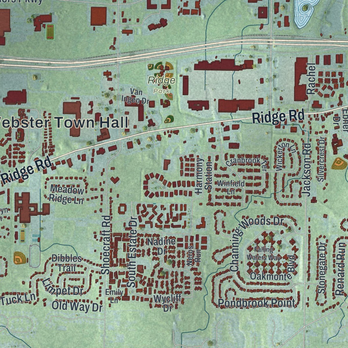Close-up of the map of the Town of Webster, New York print showing street and building detail