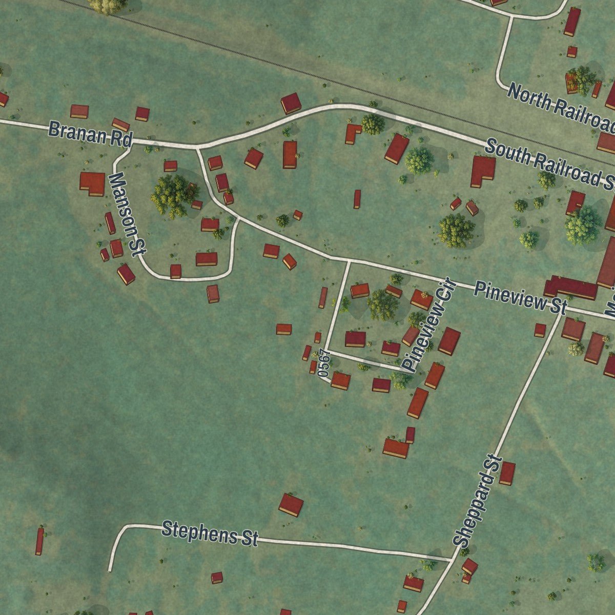 Close-up of the map of Toomsboro, Georgia print showing street and building detail