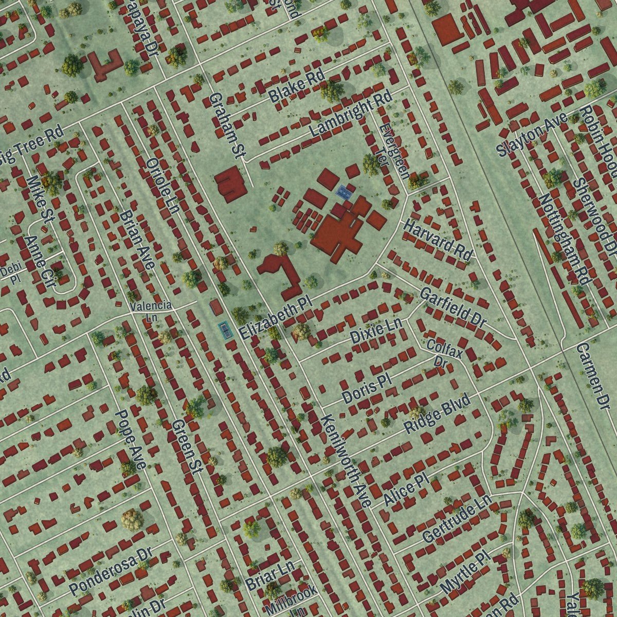 Close-up of the map of South Daytona, Florida print showing street and building detail
