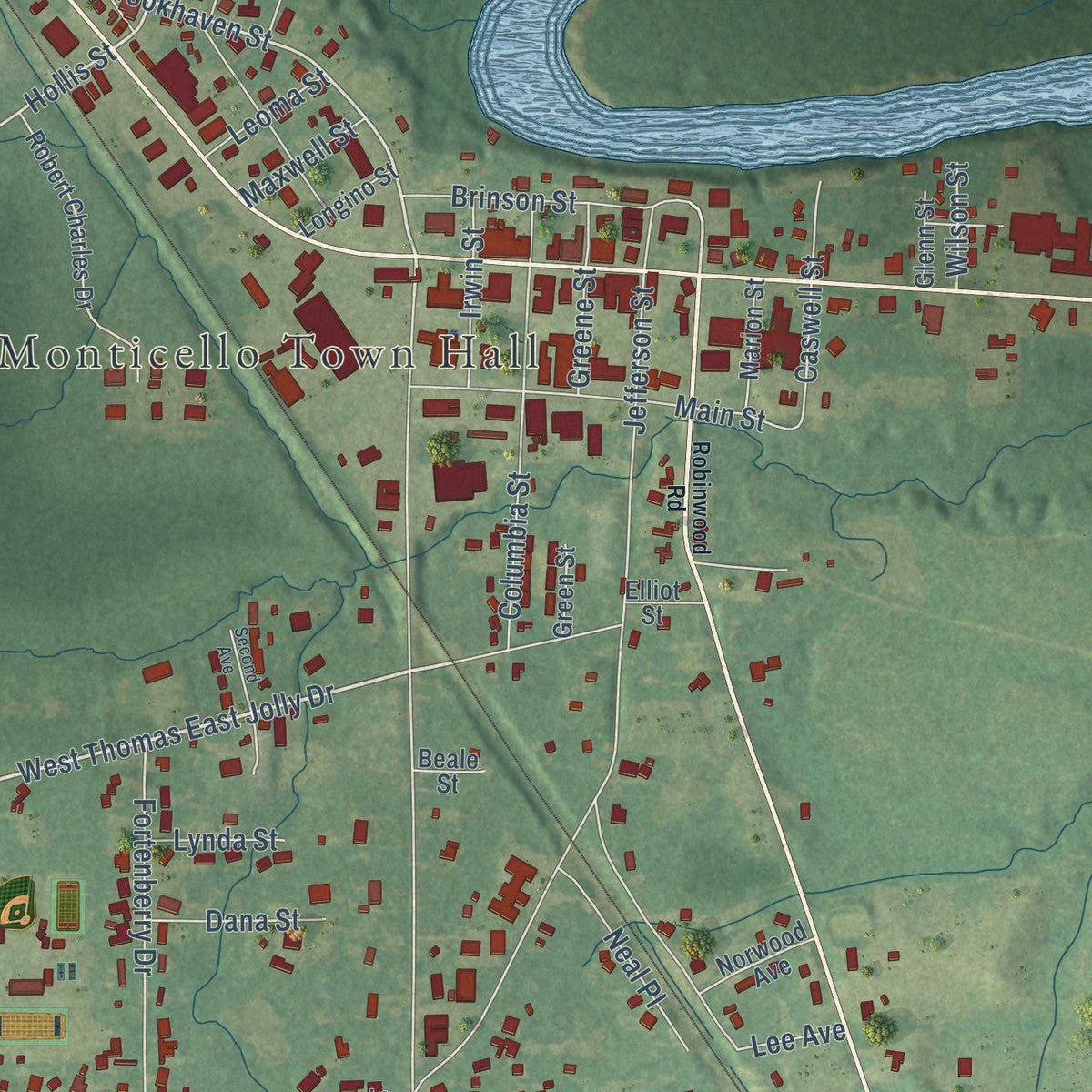 Close-up of the map of Monticello, Mississippi print showing street and building detail