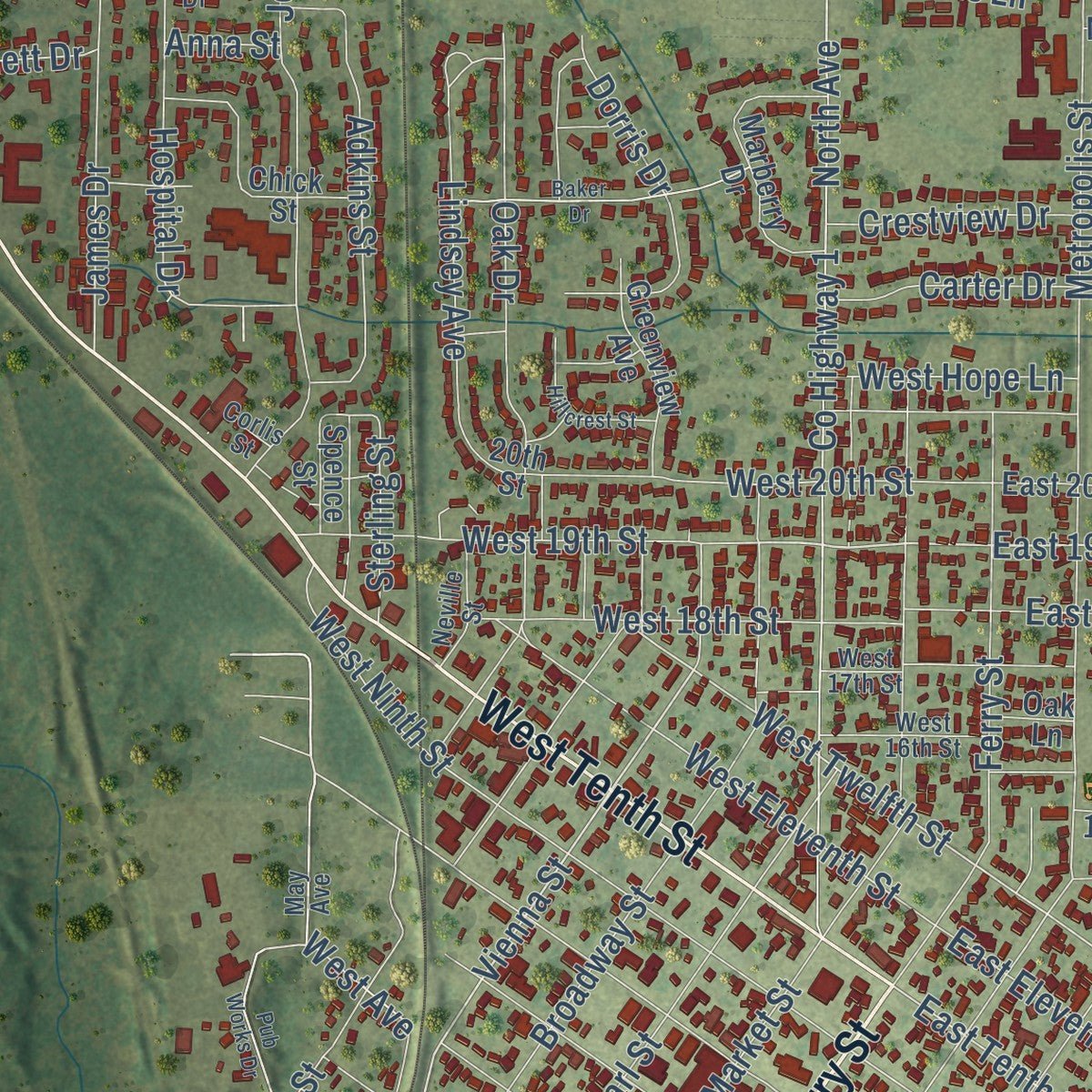 Close-up of the map of Metropolis, Illinois print showing street and building detail