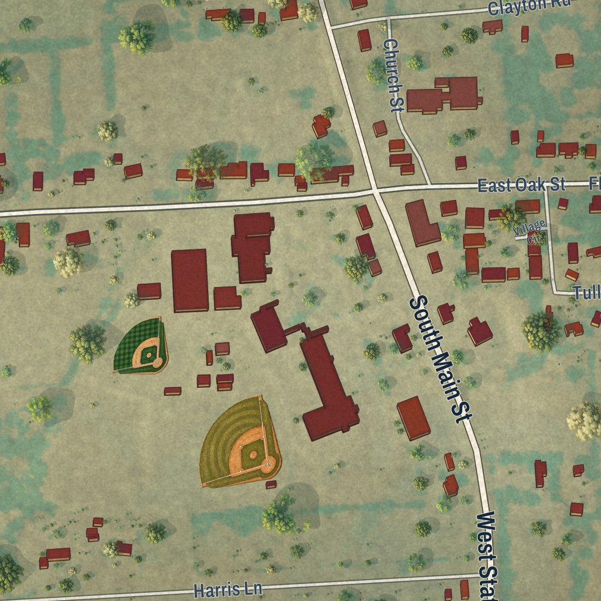 Close-up of the map of Yantis, Texas print showing street and building detail