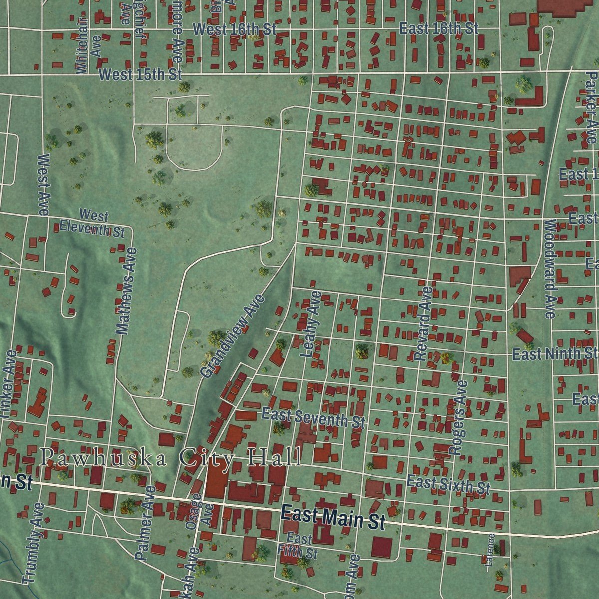 Close-up of the map of Pawhuska, Oklahoma print showing street and building detail