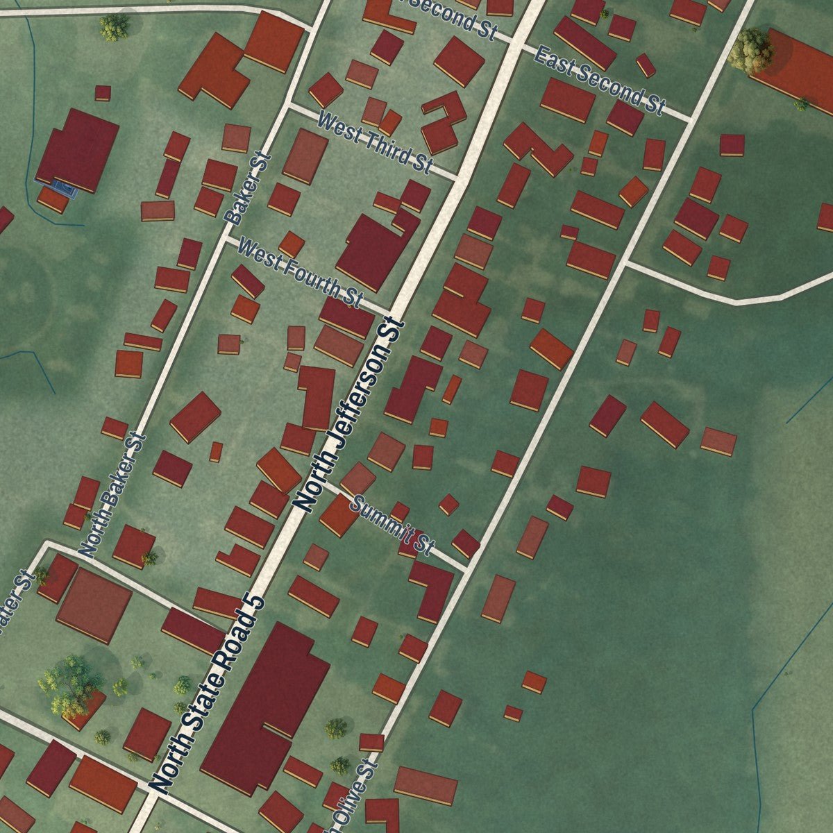 Close-up of the map of Cromwell, Indiana print showing street and building detail