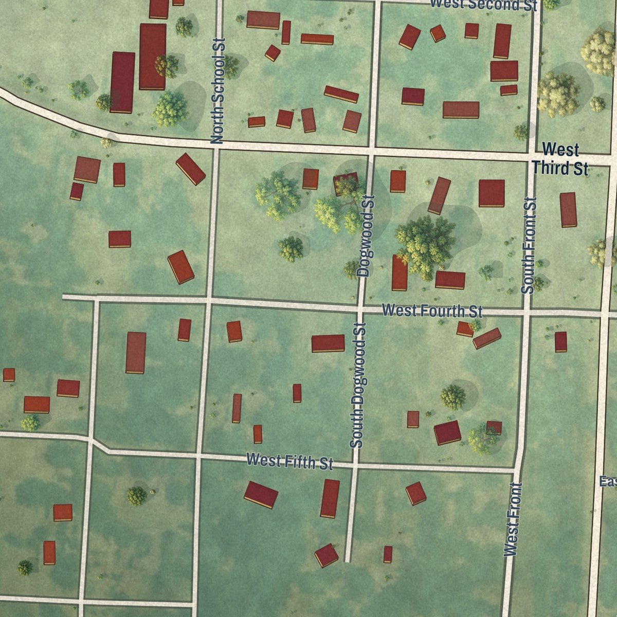 Close-up of the map of Poyen, Arkansas print showing street and building detail