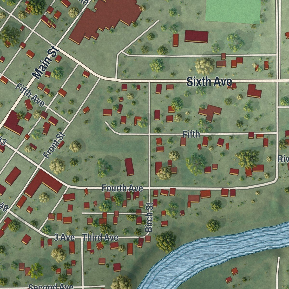 Close-up of the map of Littlefork, Minnesota print showing street and building detail