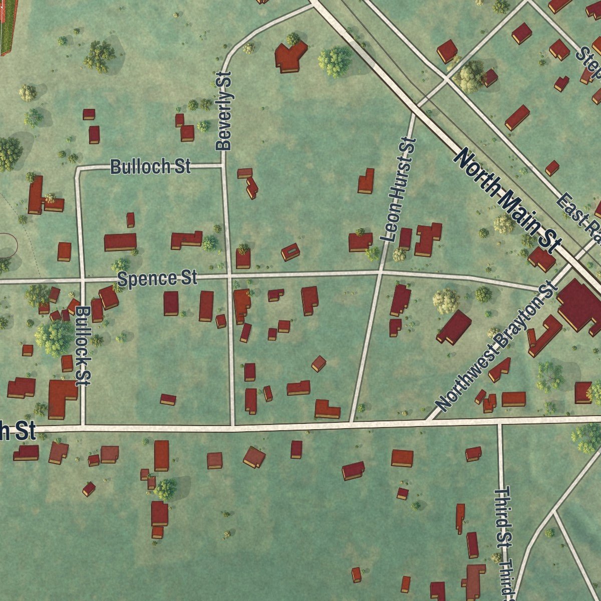 Close-up of the map of Ochlocknee, Georgia print showing street and building detail