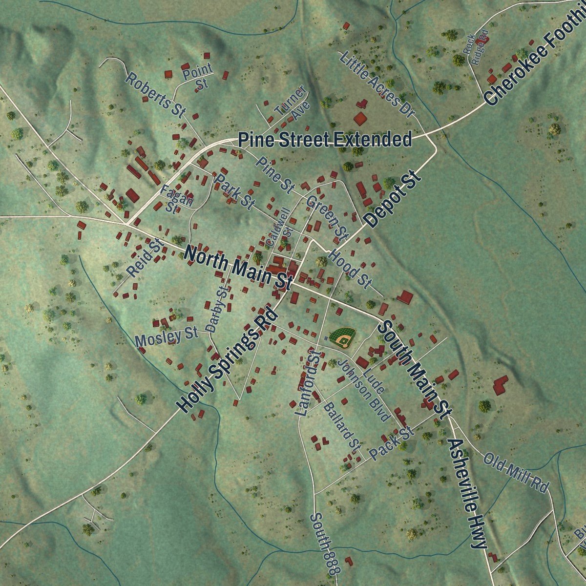 Close-up of the map of Campobello, South Carolina print showing street and building detail