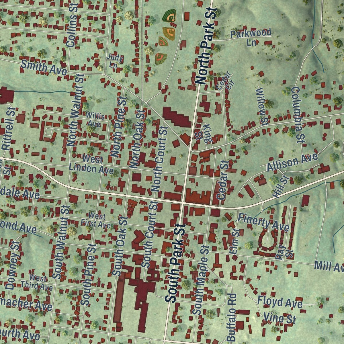 Close-up of the map of Hohenwald, Tennessee print showing street and building detail