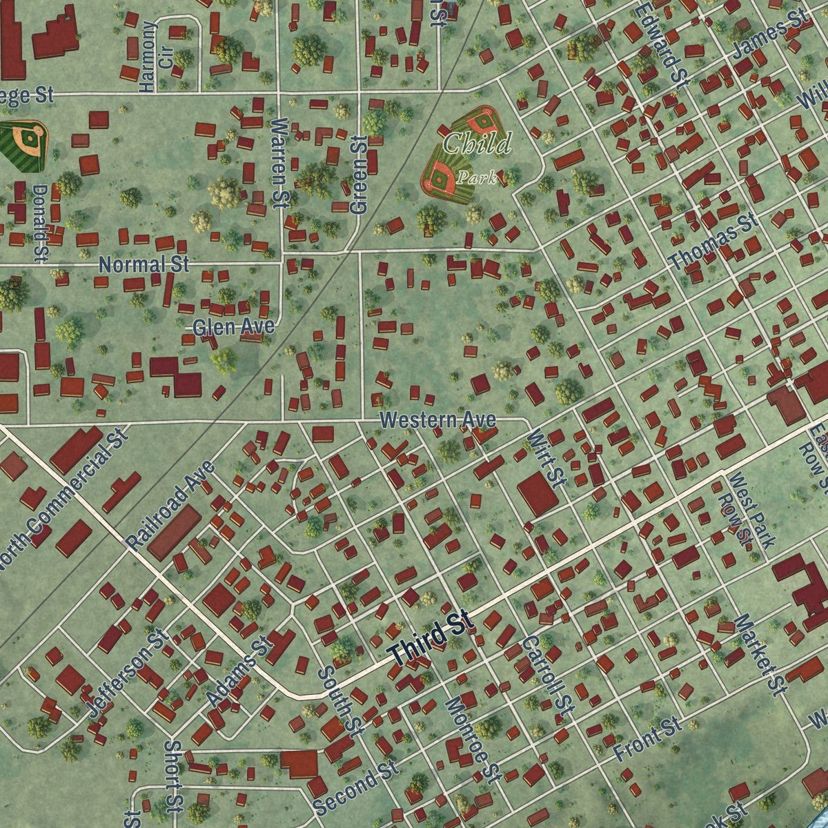 Close-up of the map of Henry, Illinois print showing street and building detail