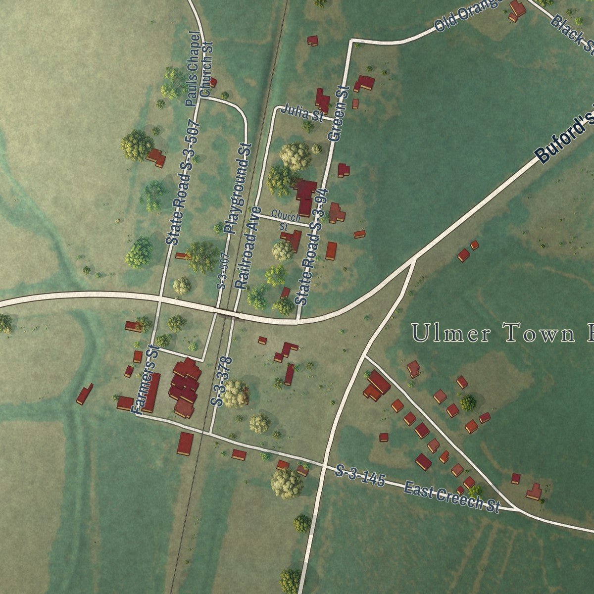 Close-up of the map of Ulmer, South Carolina print showing street and building detail