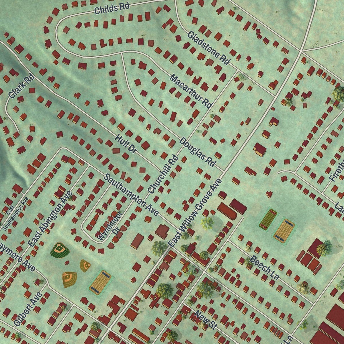Close-up of the map of Wyndmoor, Pennsylvania print showing street and building detail