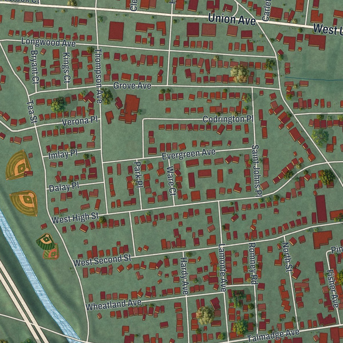Close-up of the map of Bound Brook, New Jersey print showing street and building detail