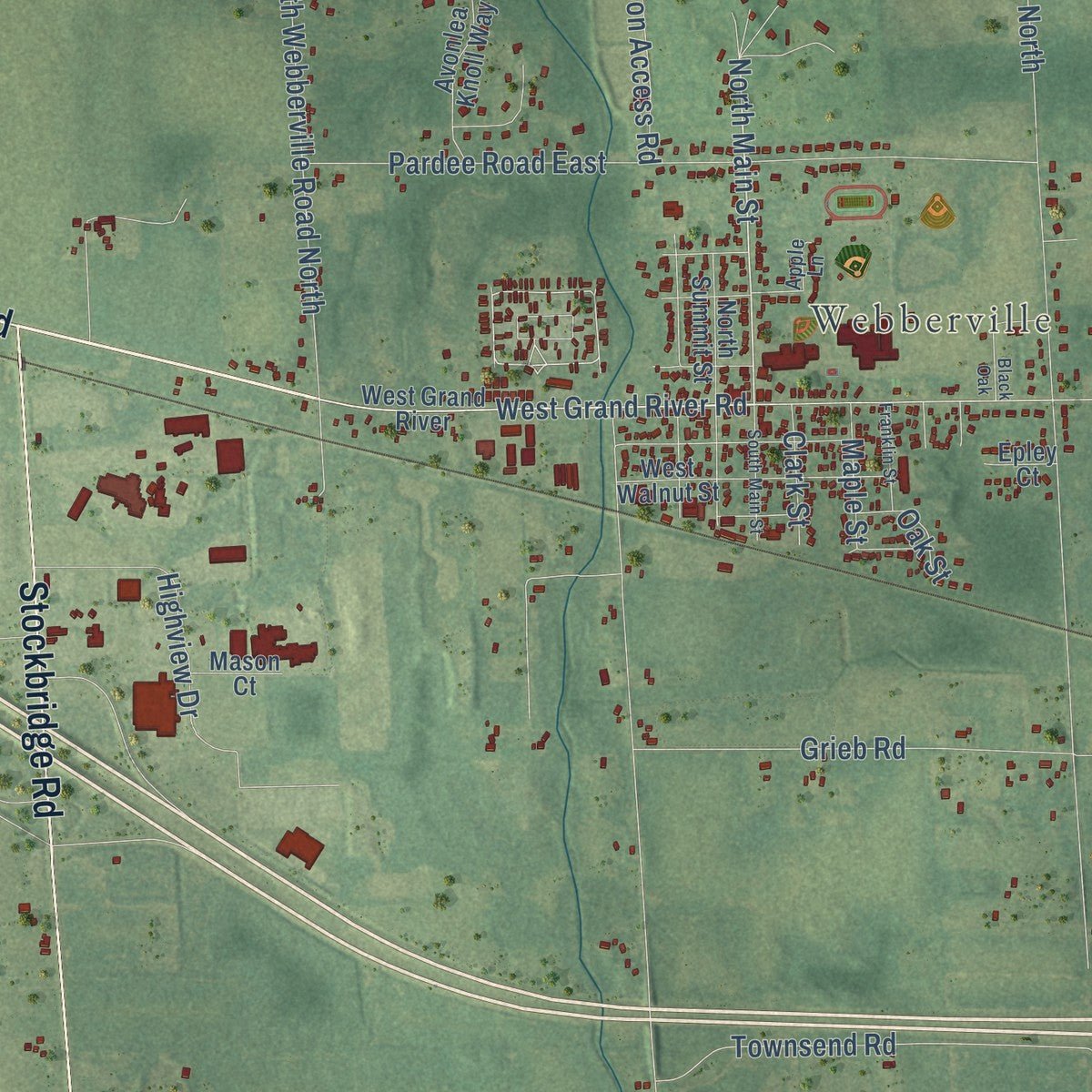 Close-up of the map of Leroy, Ingham County, Michigan print showing street and building detail