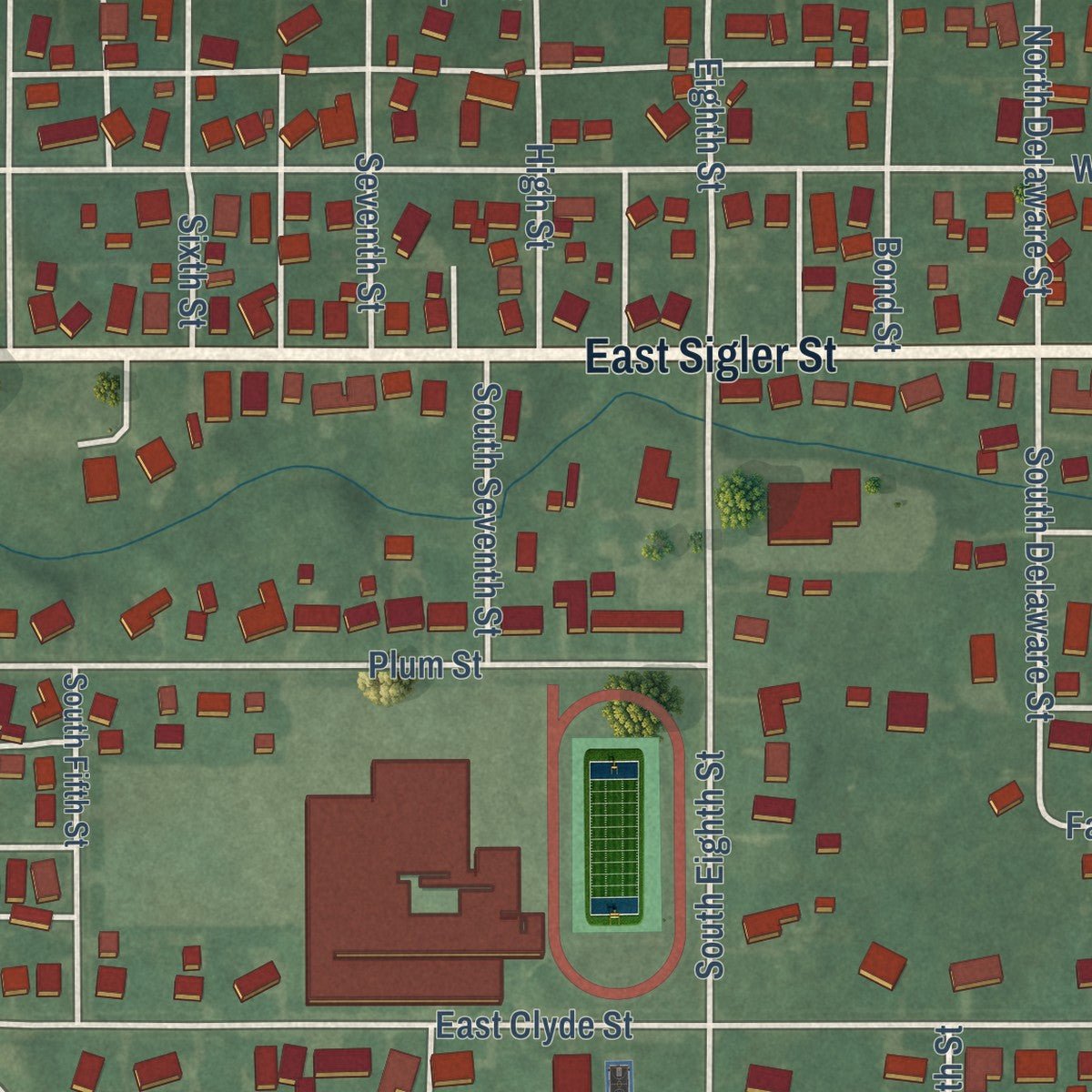 Close-up of the map of Frankton, Indiana print showing street and building detail