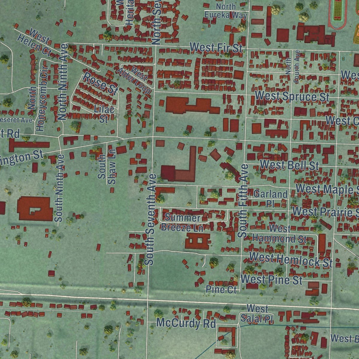 Close-up of the map of Sequim, Washington print showing street and building detail