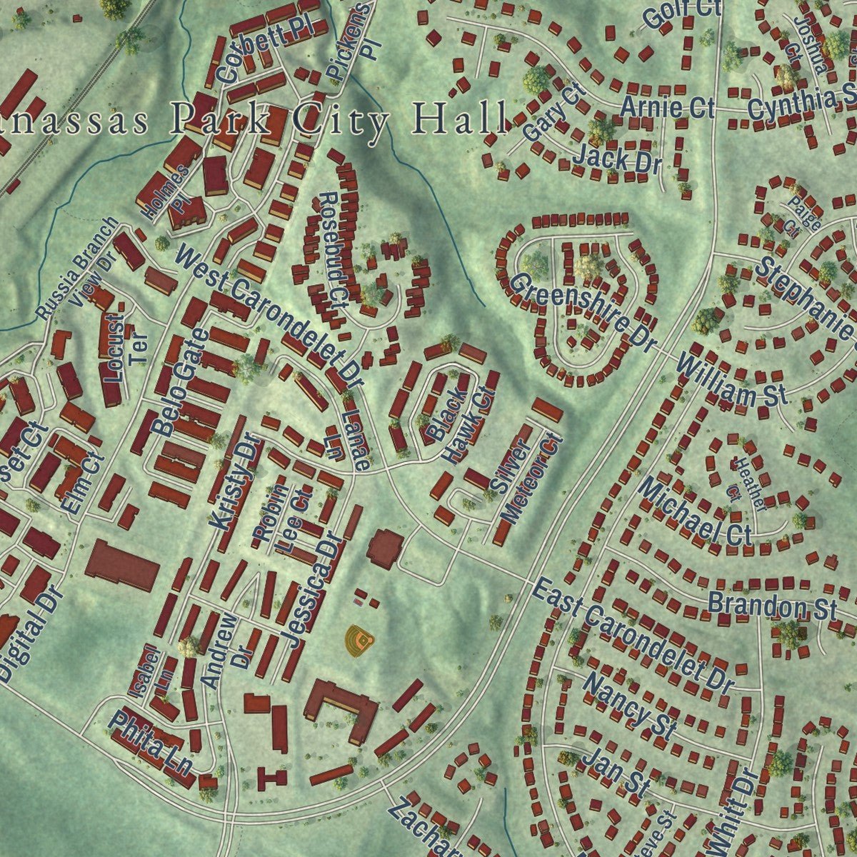 Close-up of the map of Manassas Park, Virginia print showing street and building detail