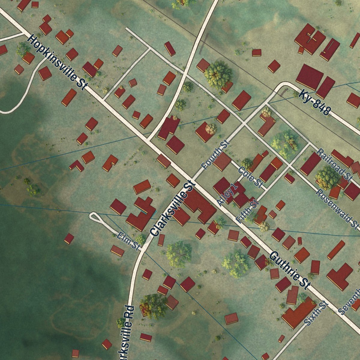 Close-up of the map of Trenton, Kentucky print showing street and building detail