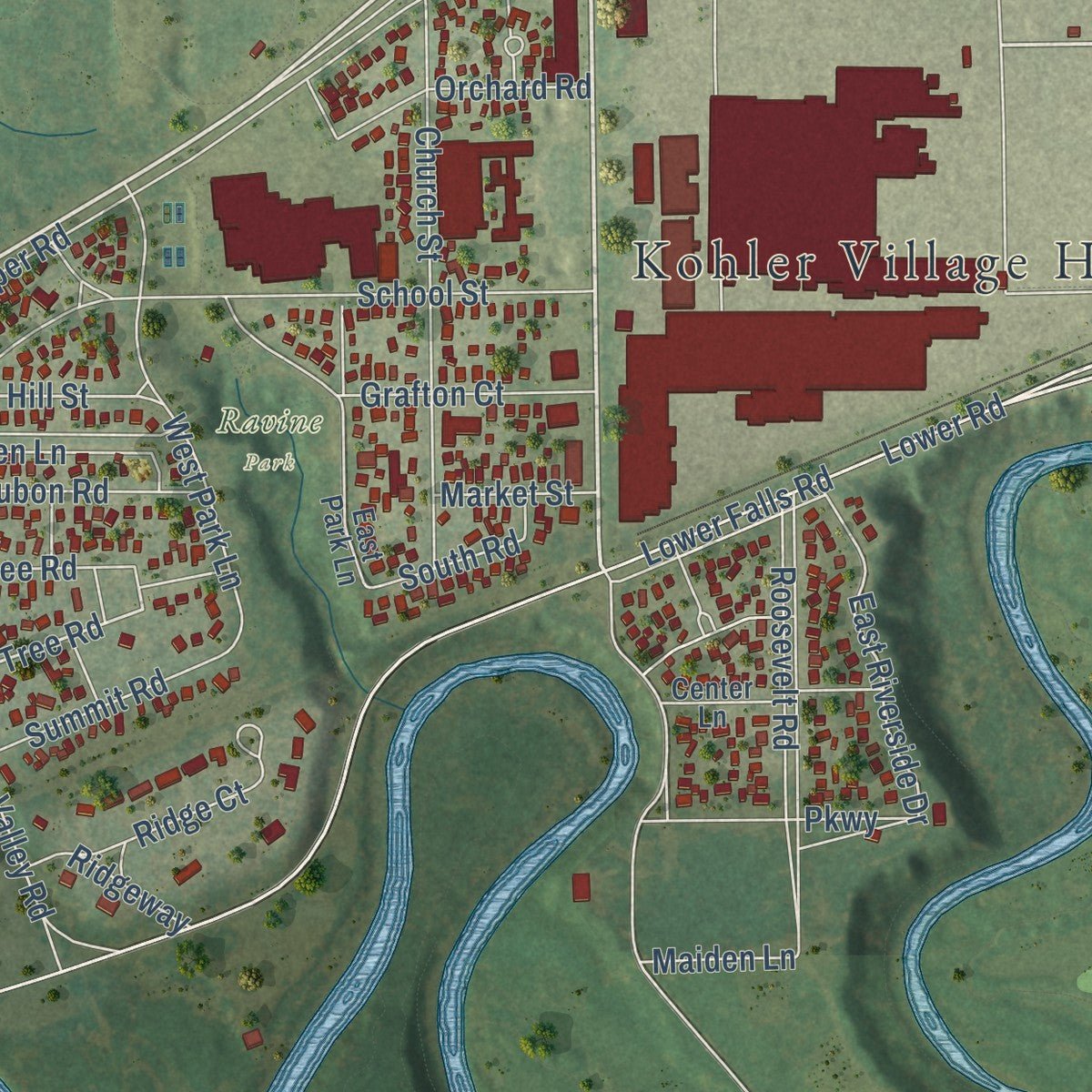 Close-up of the map of Kohler, Wisconsin print showing street and building detail
